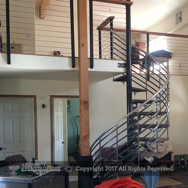 Cable railing and spiral staircase